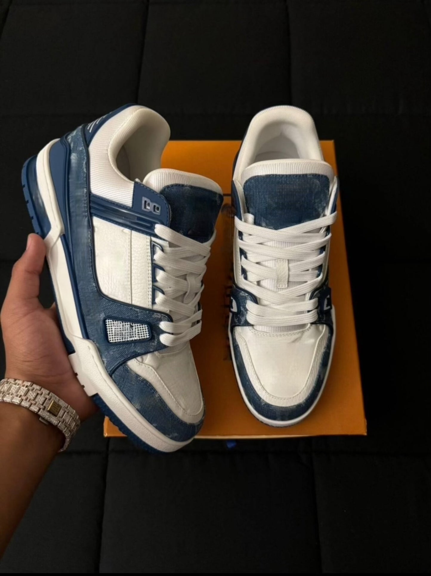 Blue and white trainers