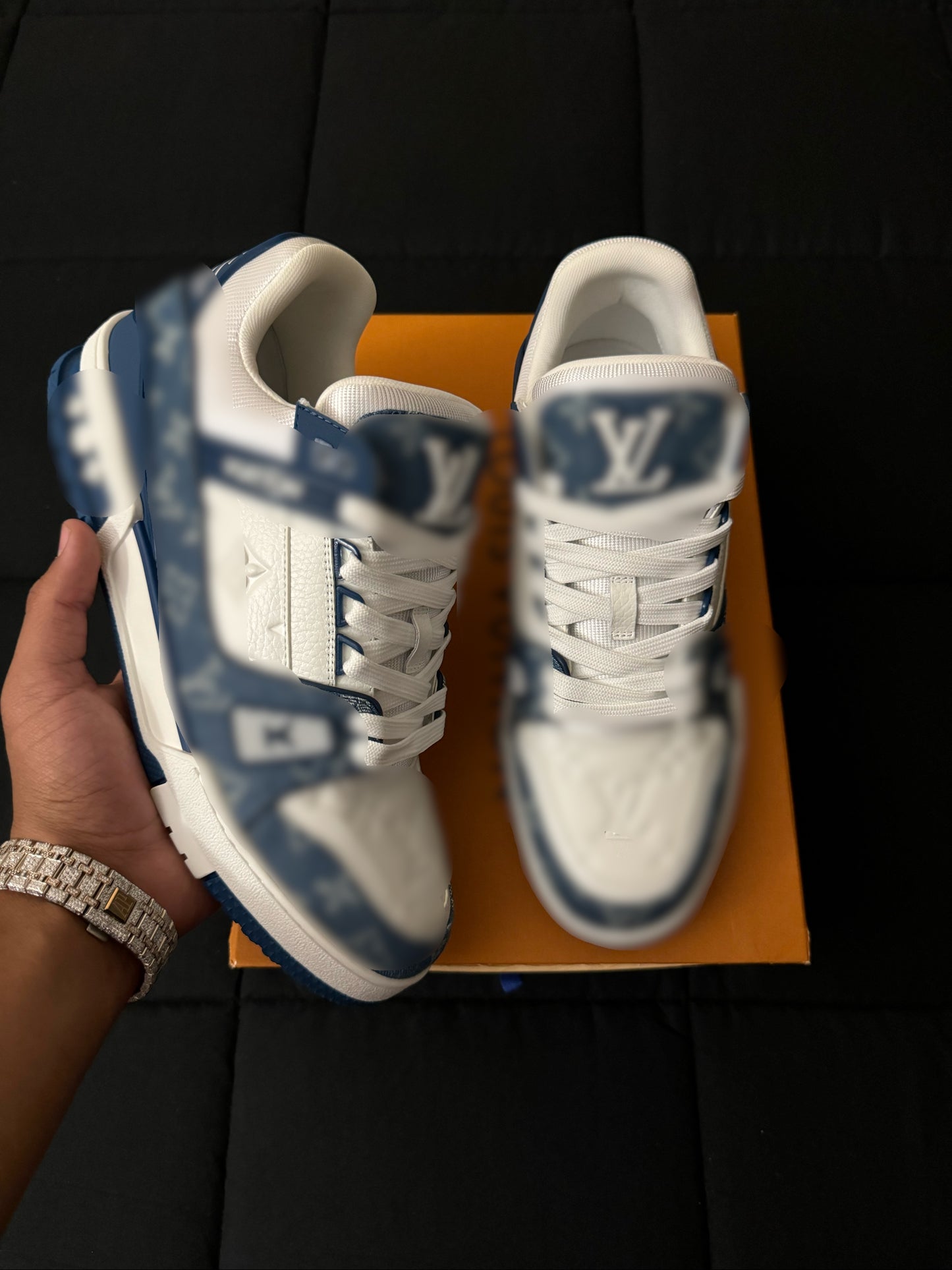 Blue and white trainers